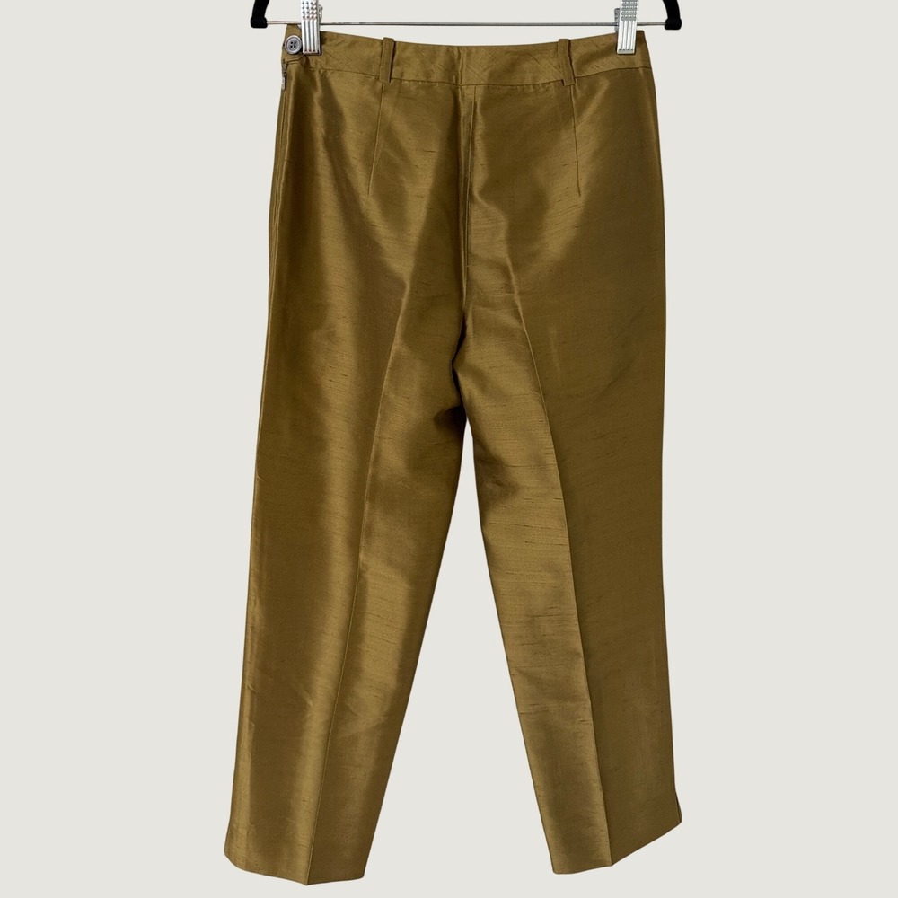 Banana Republic Womens 6 Silk Trousers Olive Green Bronze Slub Straight Leg Pant